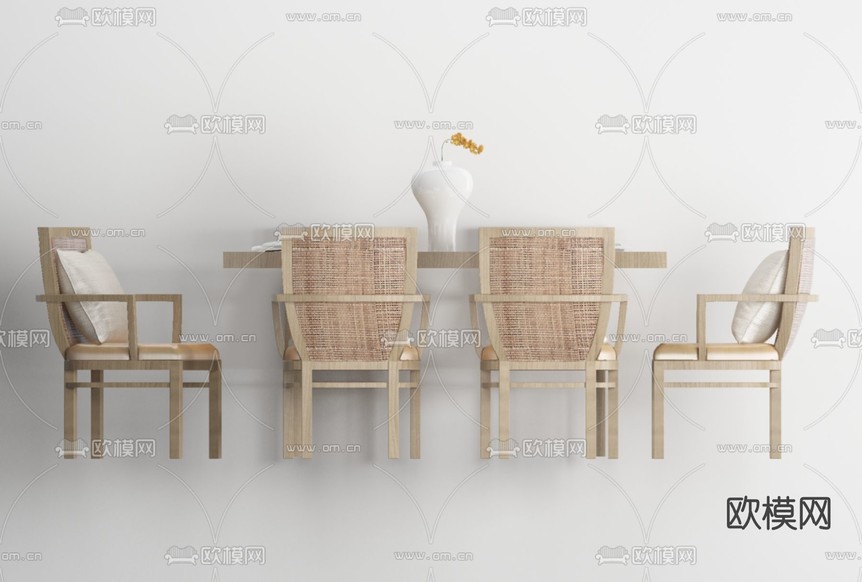 新中式藤编餐桌椅免费3d模型下载
