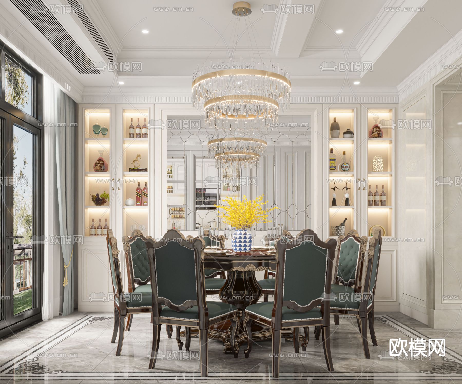 欧式复式客厅餐厅3d模型下载（渲染图2）