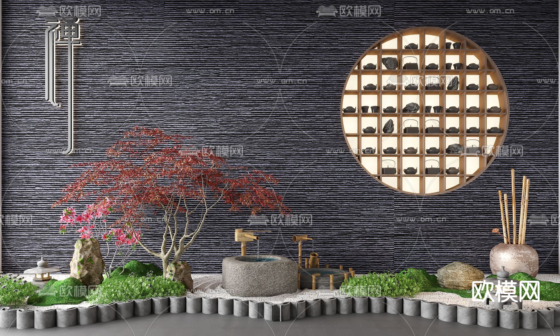 新中式枯山水枫叶景观小品3d模型