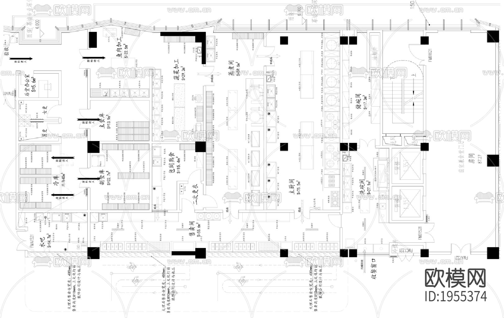 现代食堂餐饮大厅及后厨空间CAD平面下载（渲染图2）