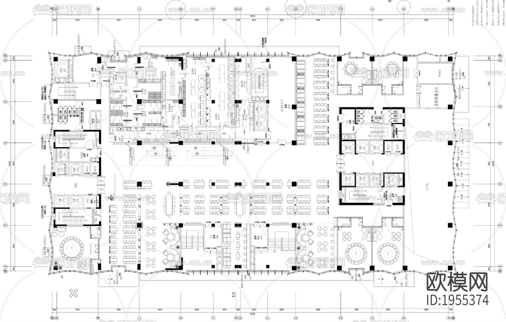 现代食堂餐饮大厅及后厨空间CAD平面下载（渲染图3）