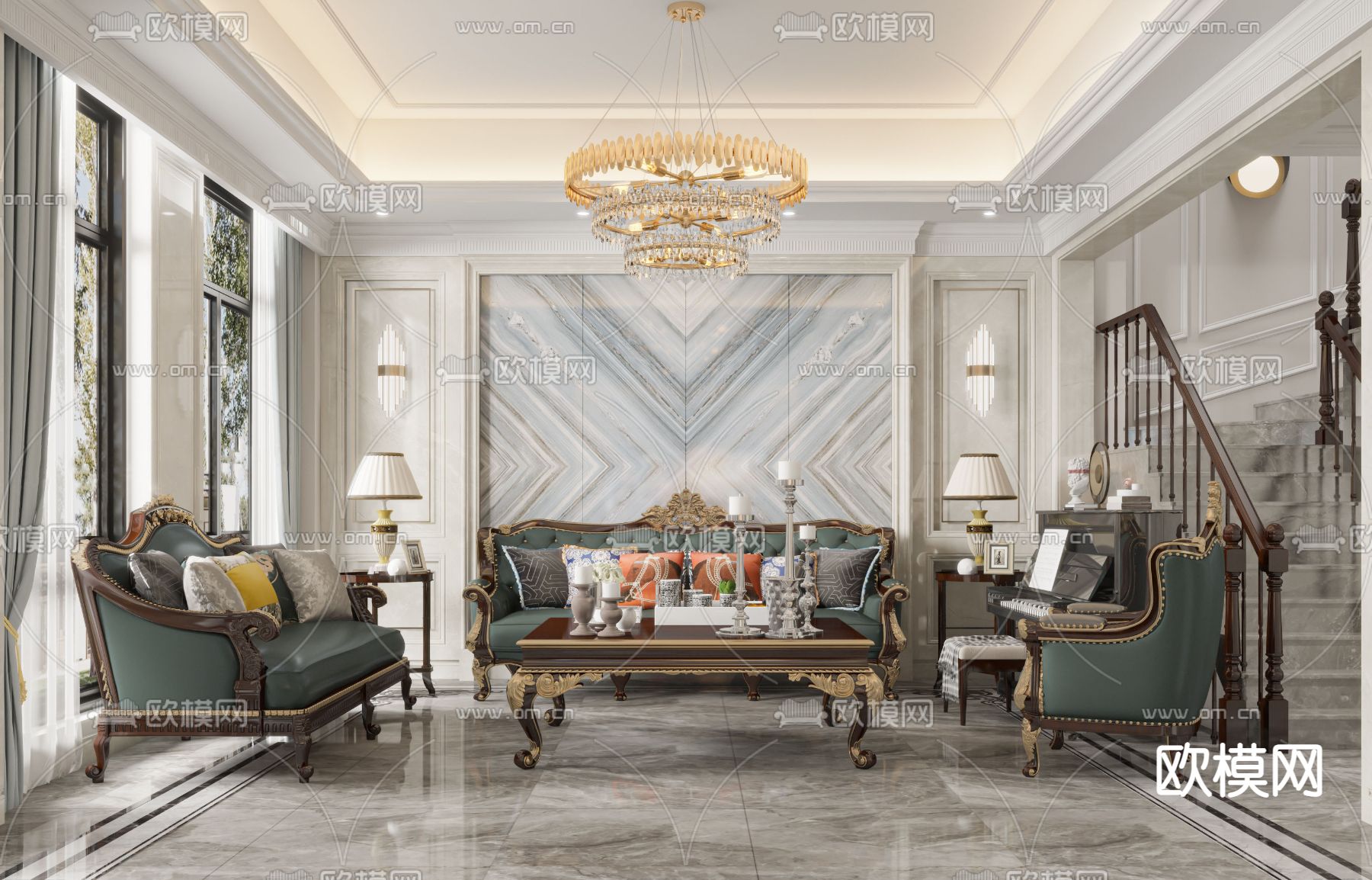 欧式复式客厅餐厅3d模型下载（渲染图1）