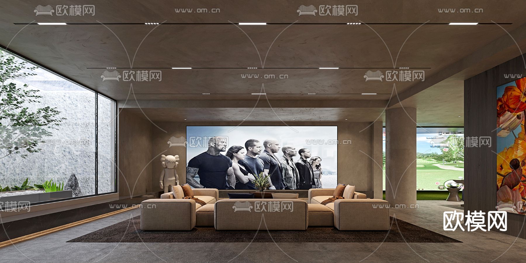 现代别墅室内高尔夫地下室影音室3d模型下载_ID11800077_3dmax免费模型-欧模网