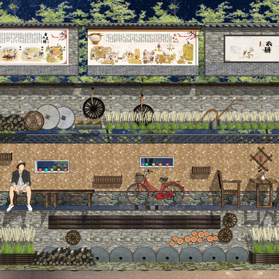 新中式乡村民俗景墙su模型