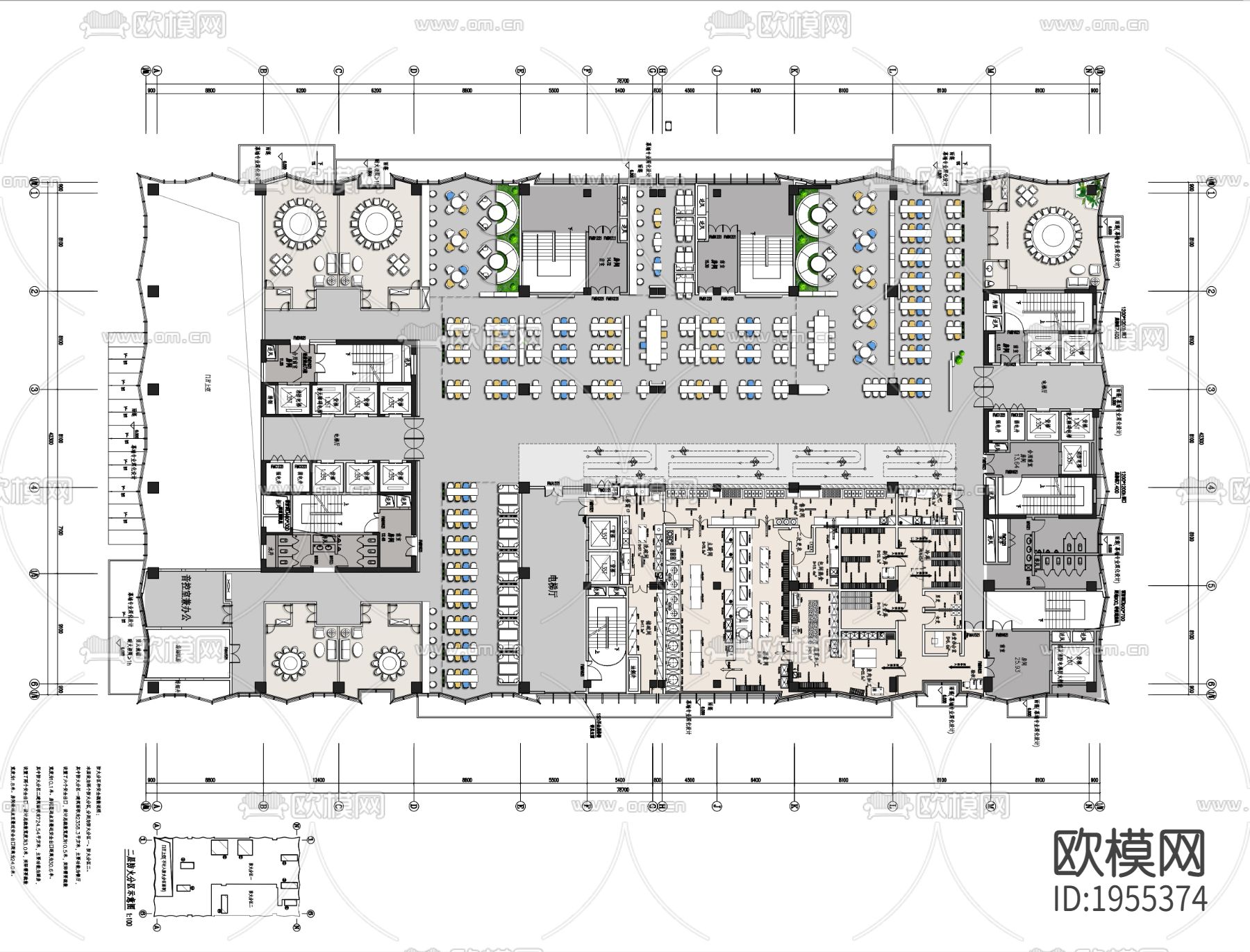 现代食堂餐饮大厅及后厨空间CAD平面下载（渲染图1）