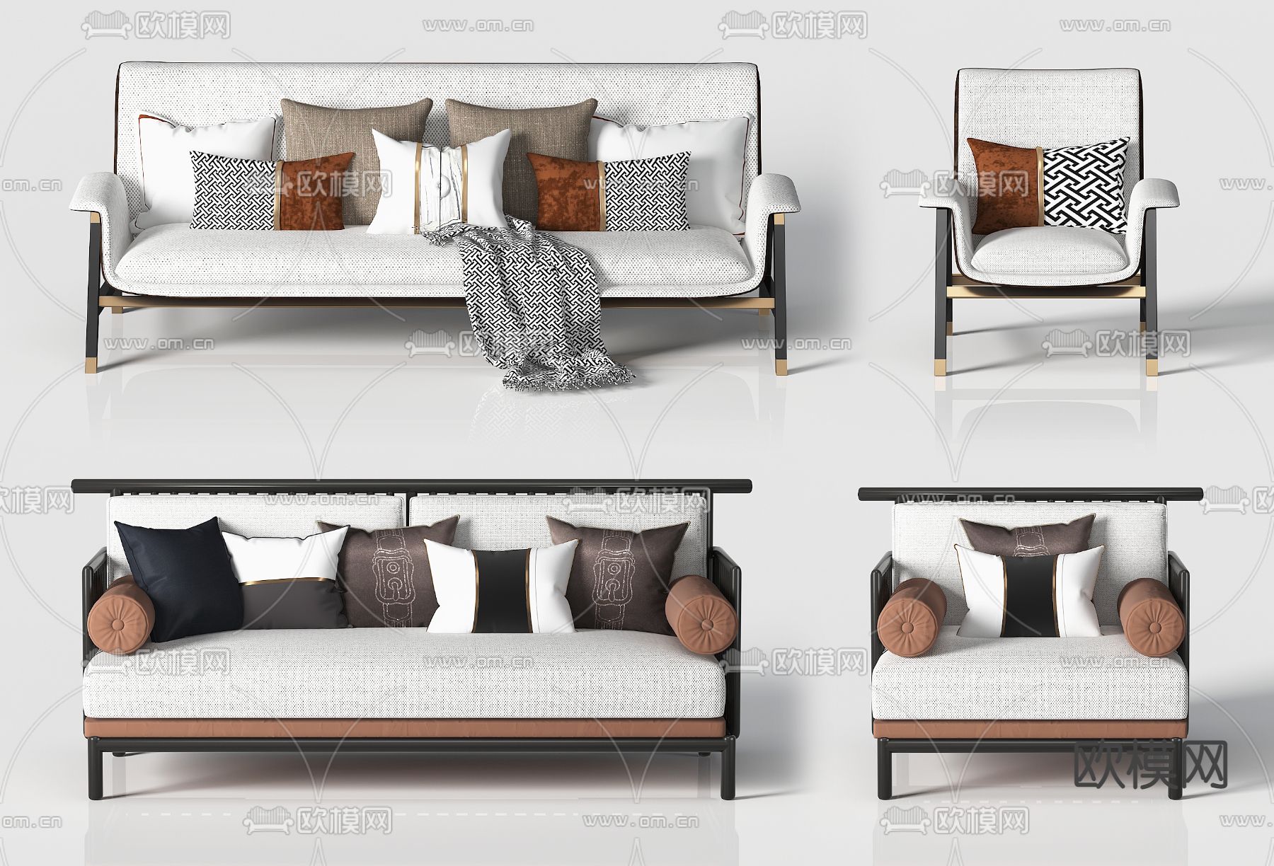 新中式布艺多人沙发3d模型下载