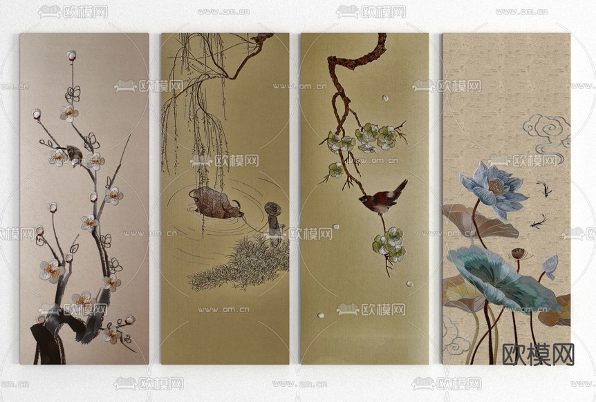 新中式植物装饰画免费3d模型下载