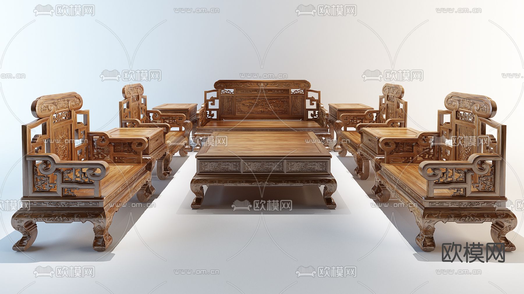 中式实木沙发组合免费3d模型下载