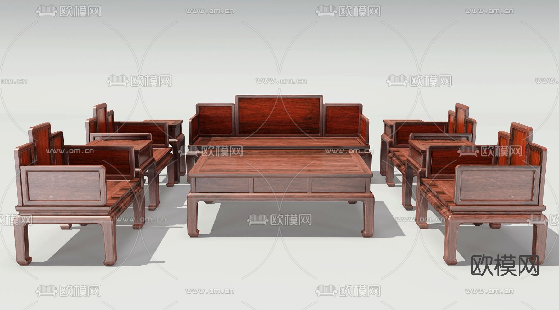 中式实木沙发组合免费3d模型下载