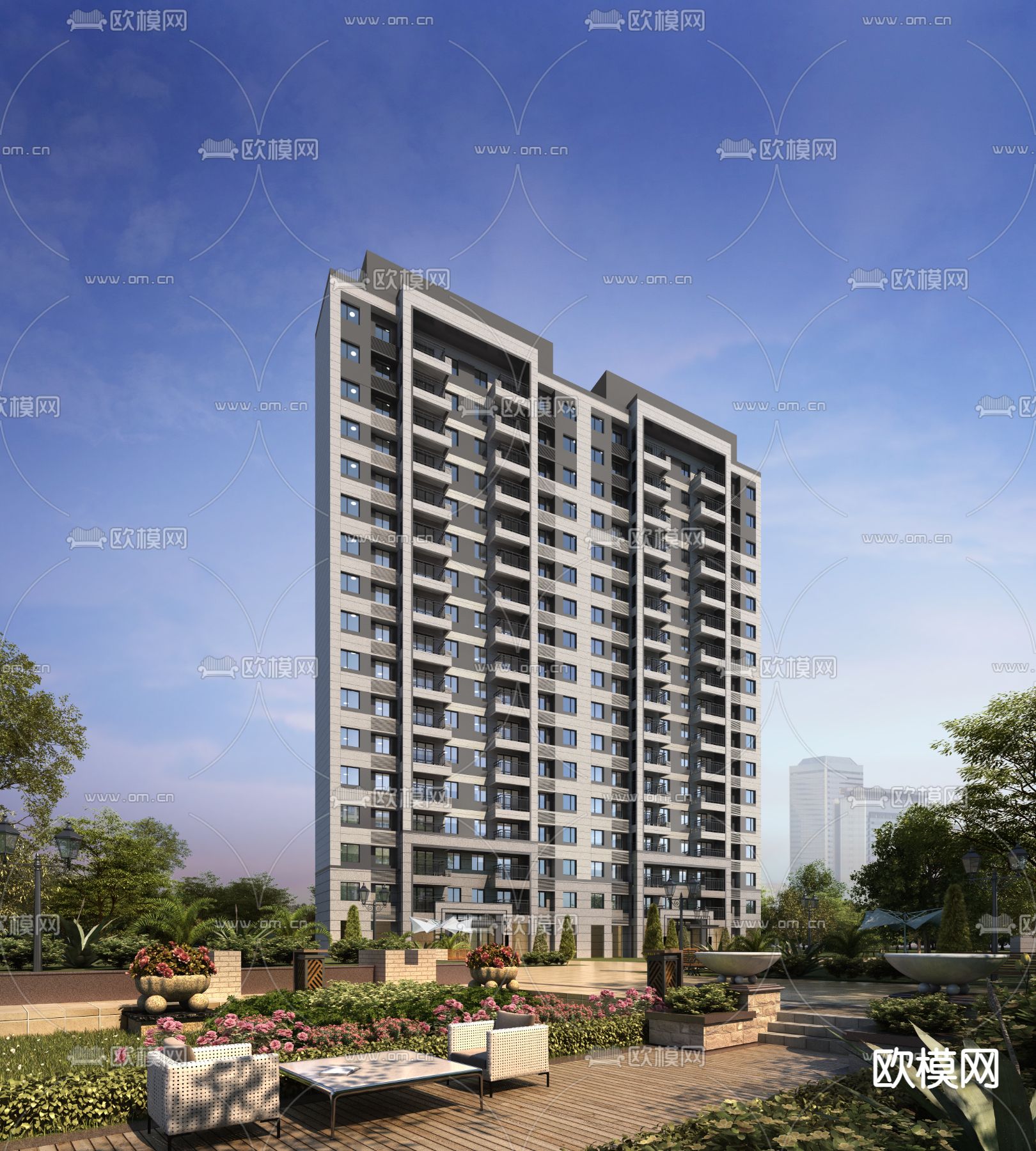 欧式高层住宅建筑外观3d模型下载