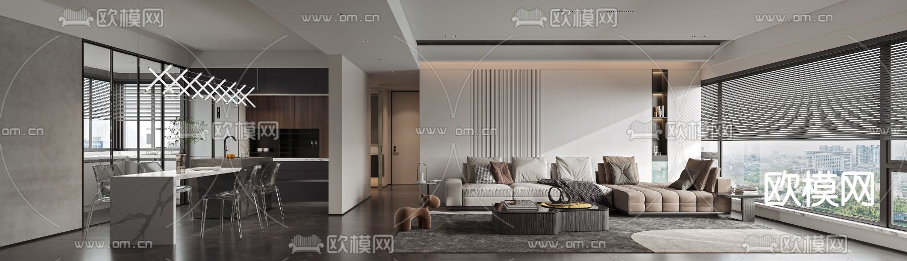 现代高级灰客厅餐厅3d模型下载