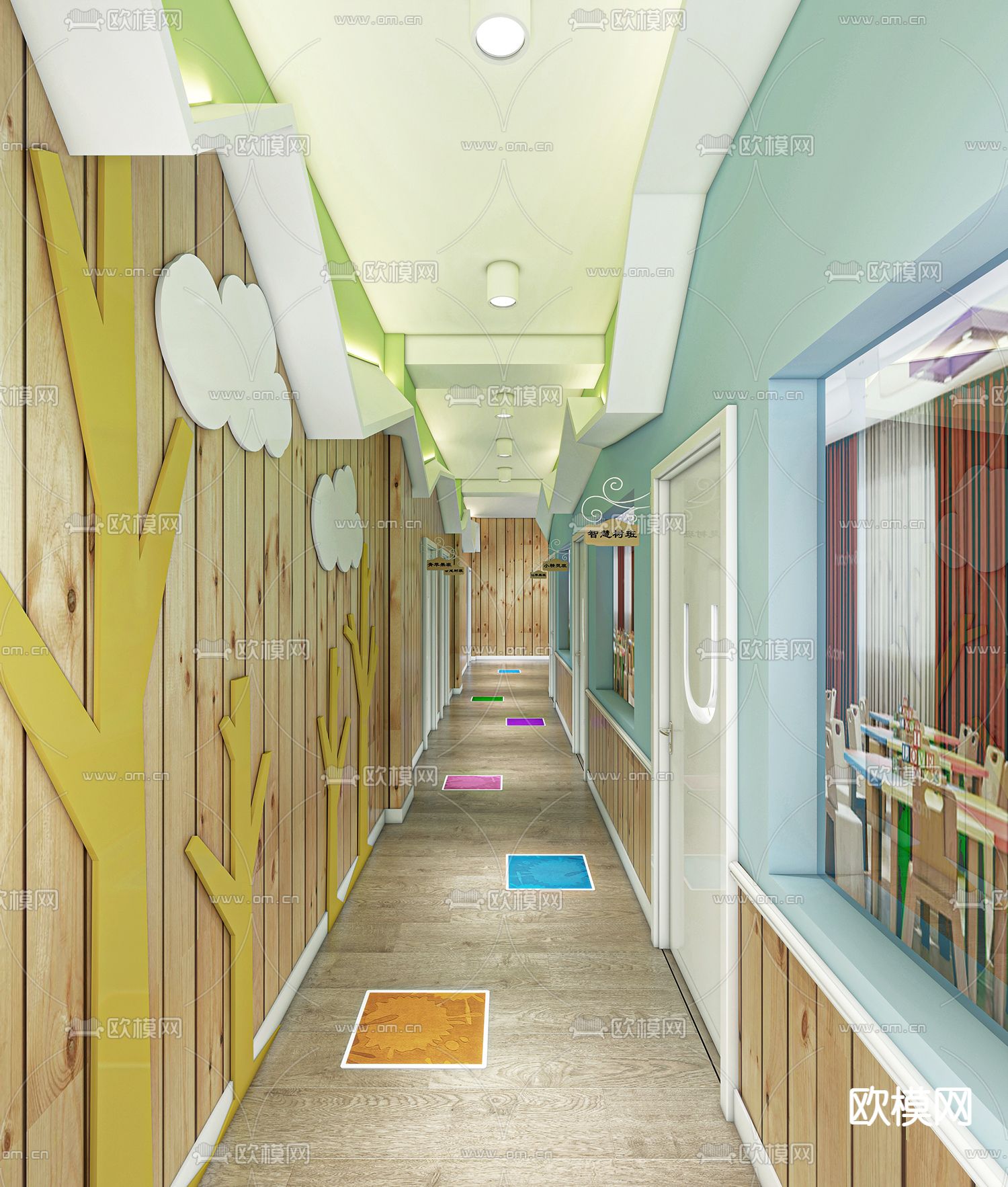北欧幼儿园教室走廊3d模型下载（渲染图2）