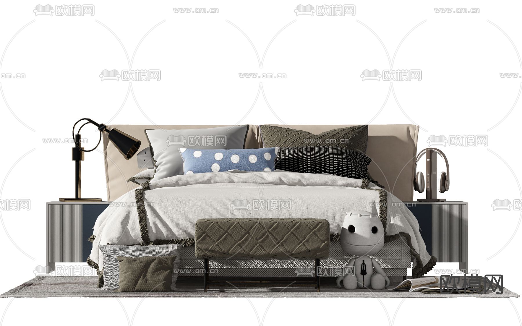 现代布艺双人床免费3d模型下载