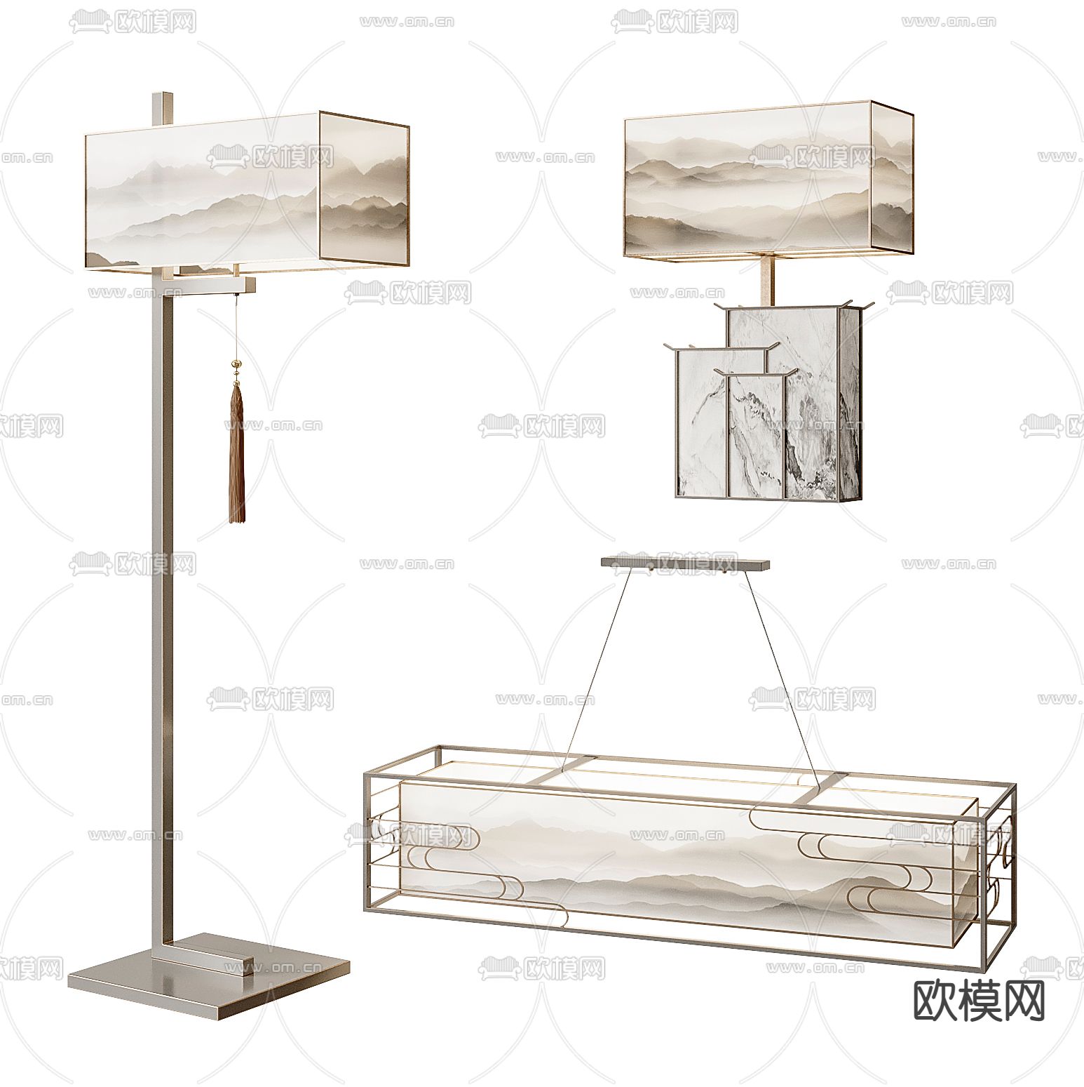 新中式吊灯台灯落地灯3d模型下载