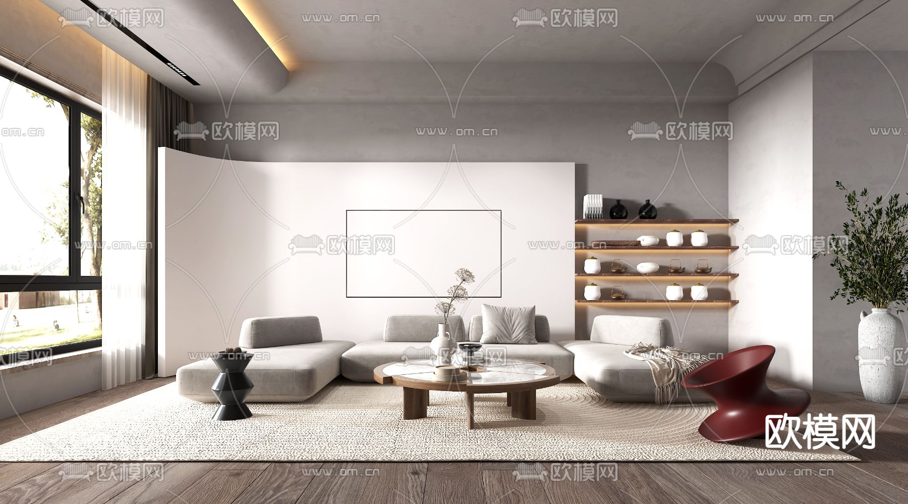 侘寂风布艺转角沙发组合3d模型下载