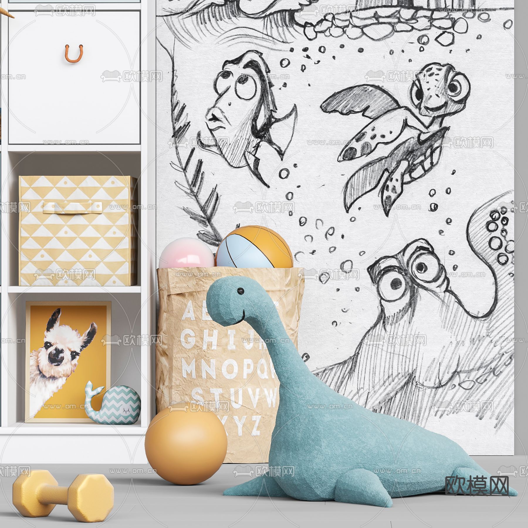 现代儿童置物柜3d模型下载（渲染图4）