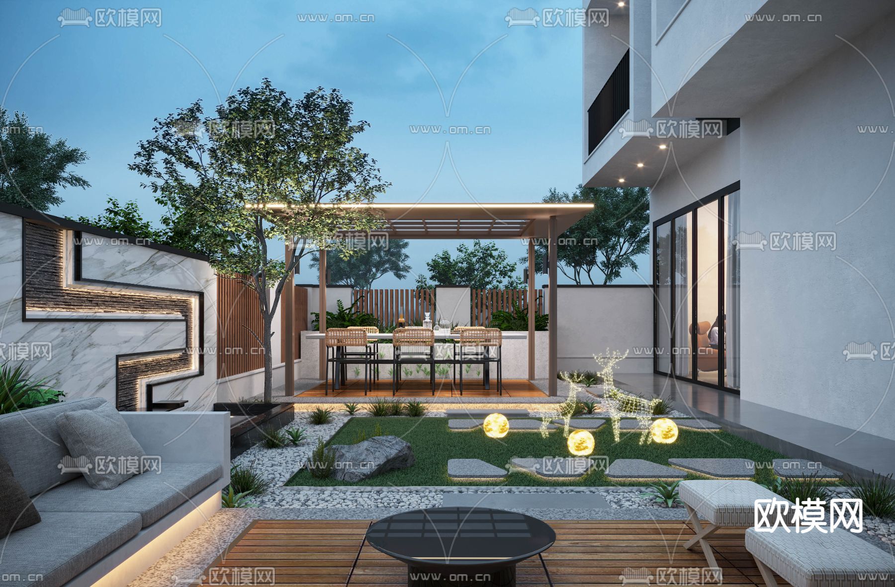 现代别墅庭院花园3d模型下载（渲染图1）