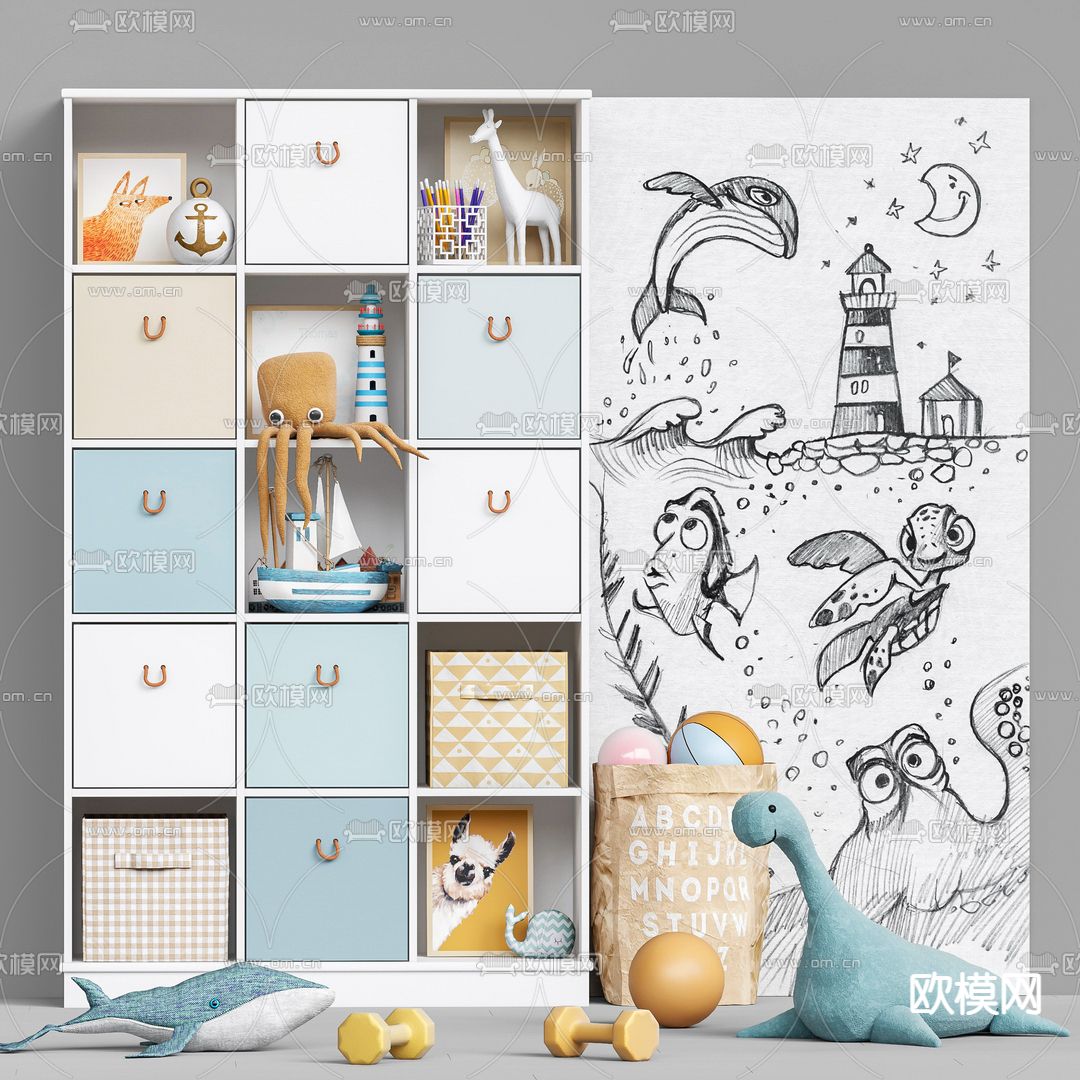 现代儿童置物柜3d模型下载（渲染图1）