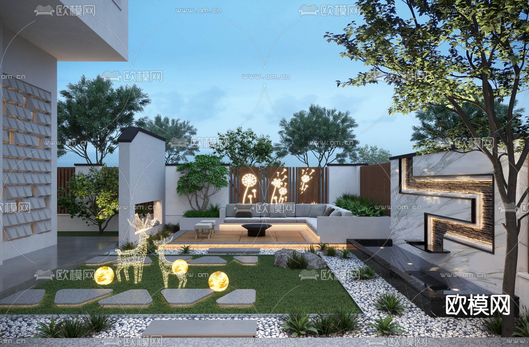 现代别墅庭院花园3d模型下载（渲染图2）