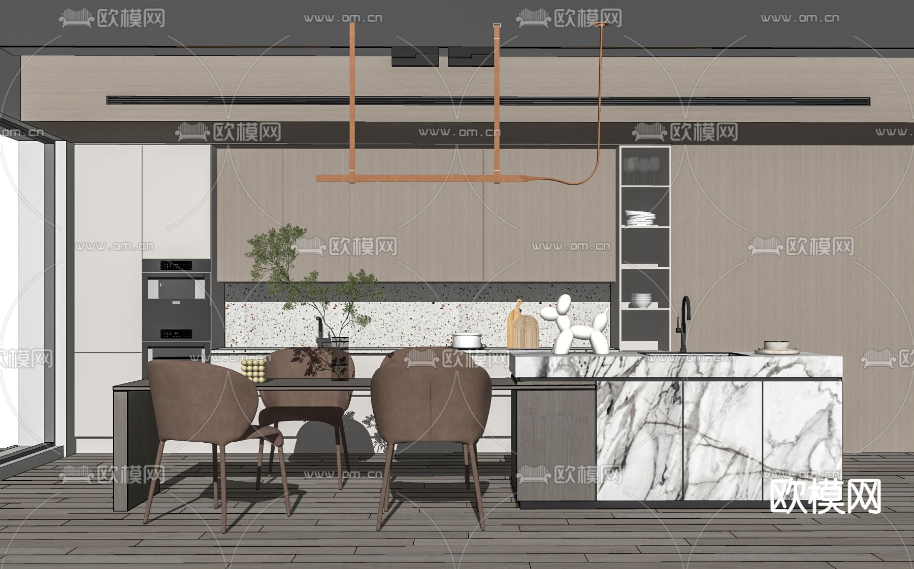 现代中岛餐桌椅su模型下载（渲染图2）