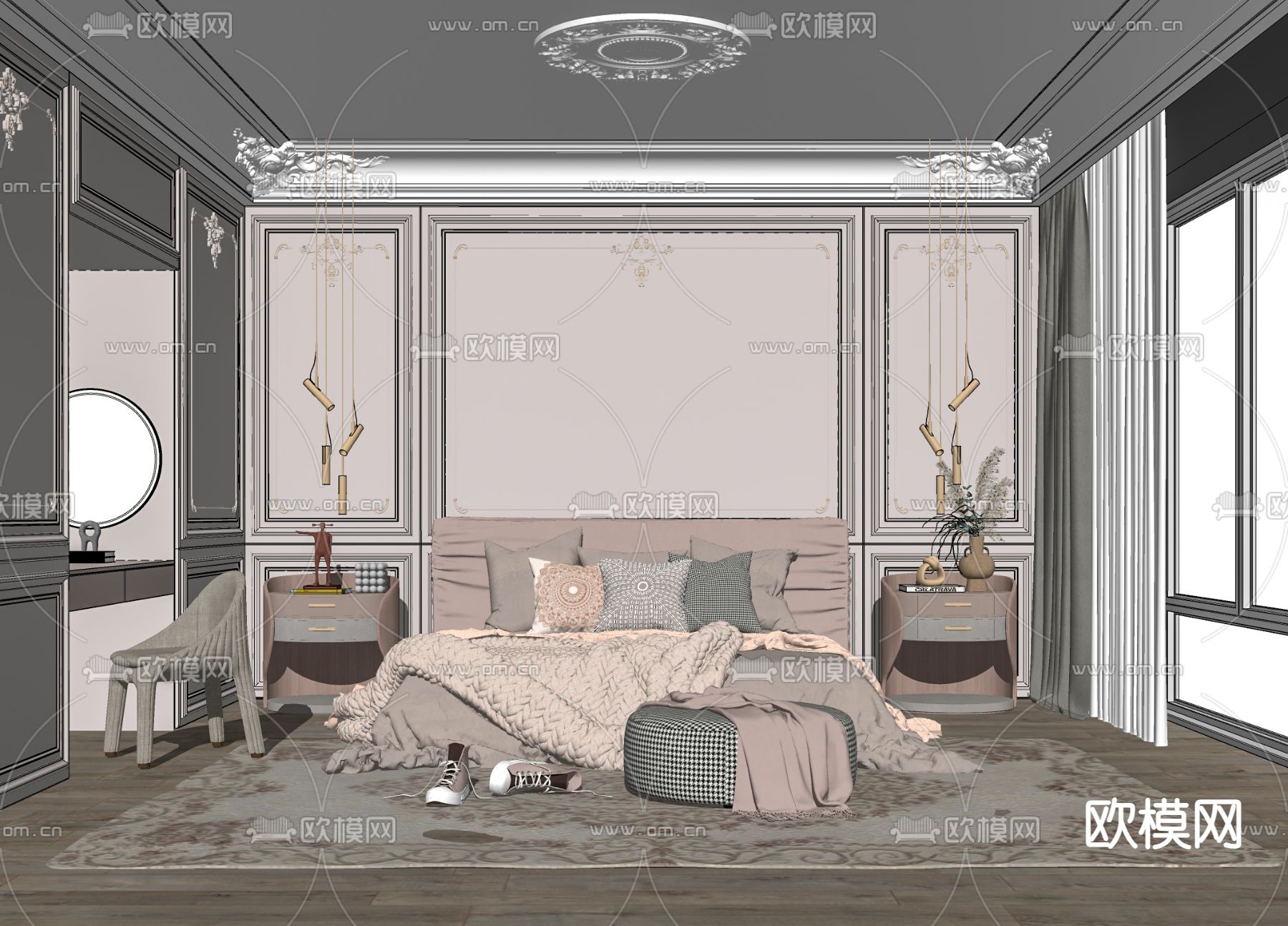 法式卧室su模型下载（渲染图2）