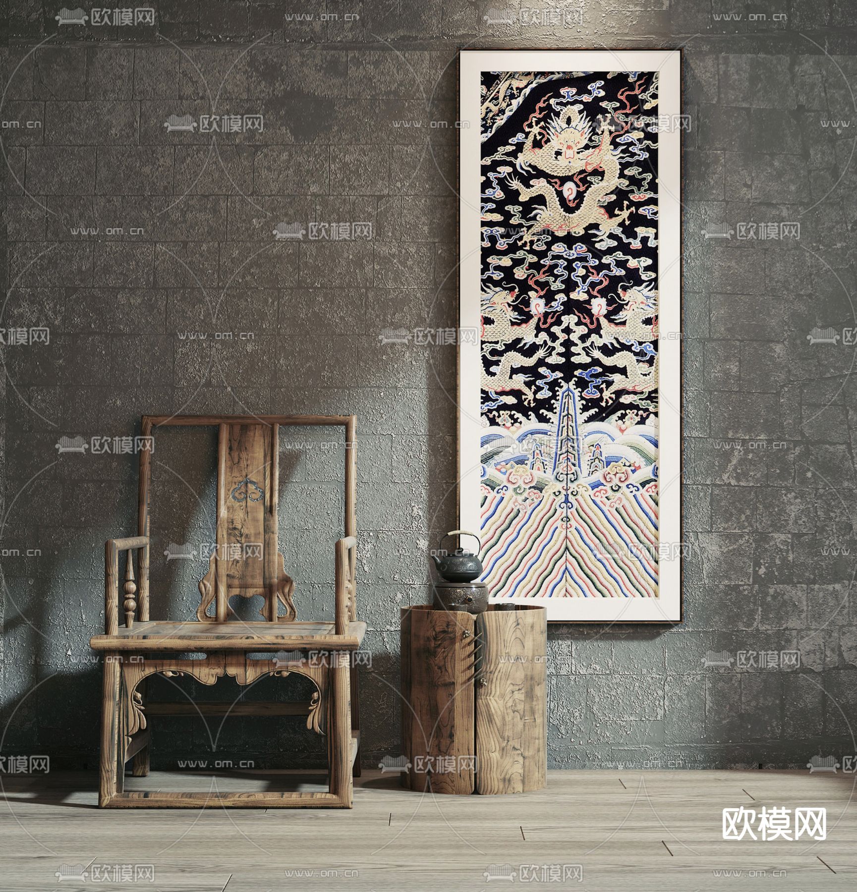 新中式实木休闲椅su模型下载（渲染图1）