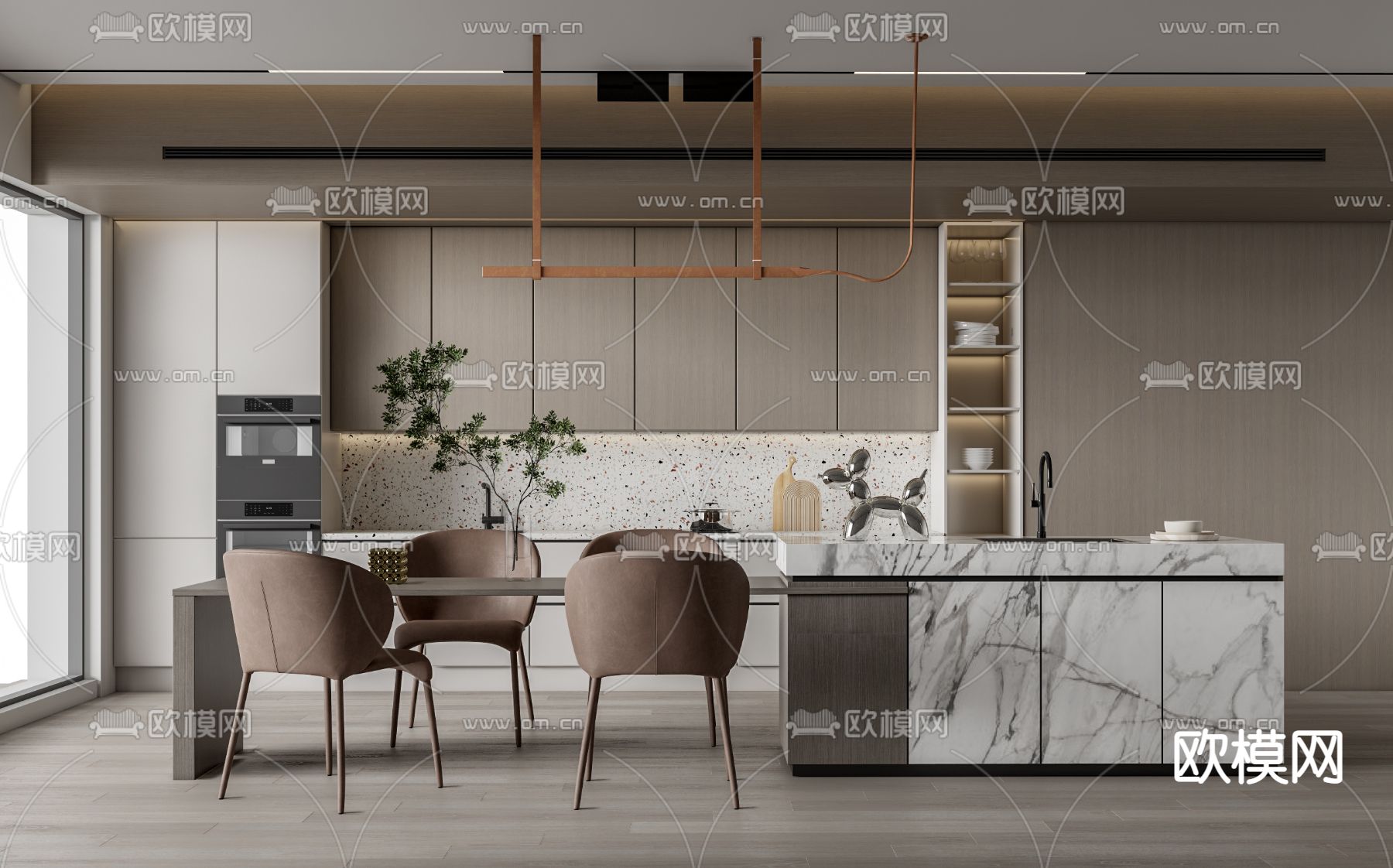 现代中岛餐桌椅su模型下载（渲染图1）