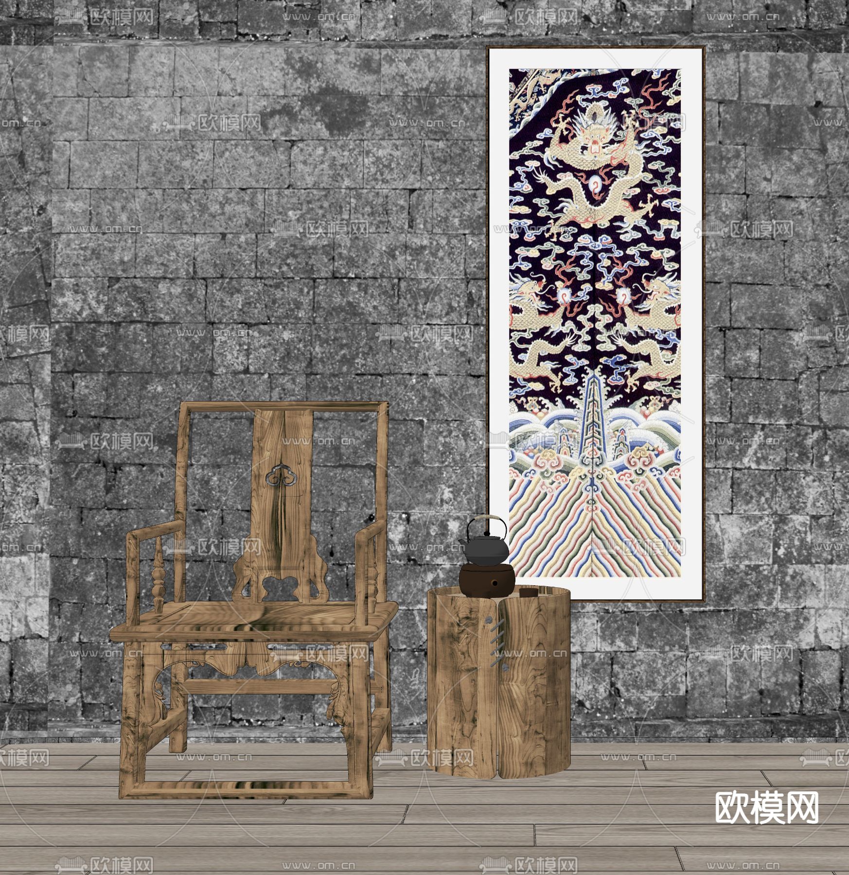 新中式实木休闲椅su模型下载（渲染图2）