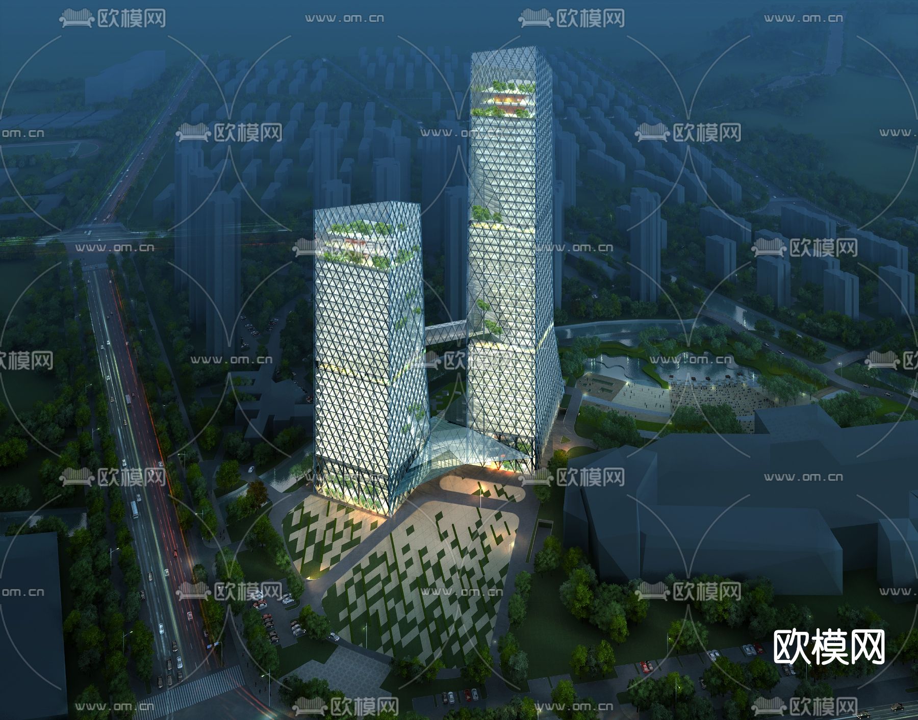 现代办公楼鸟瞰夜景3d模型下载