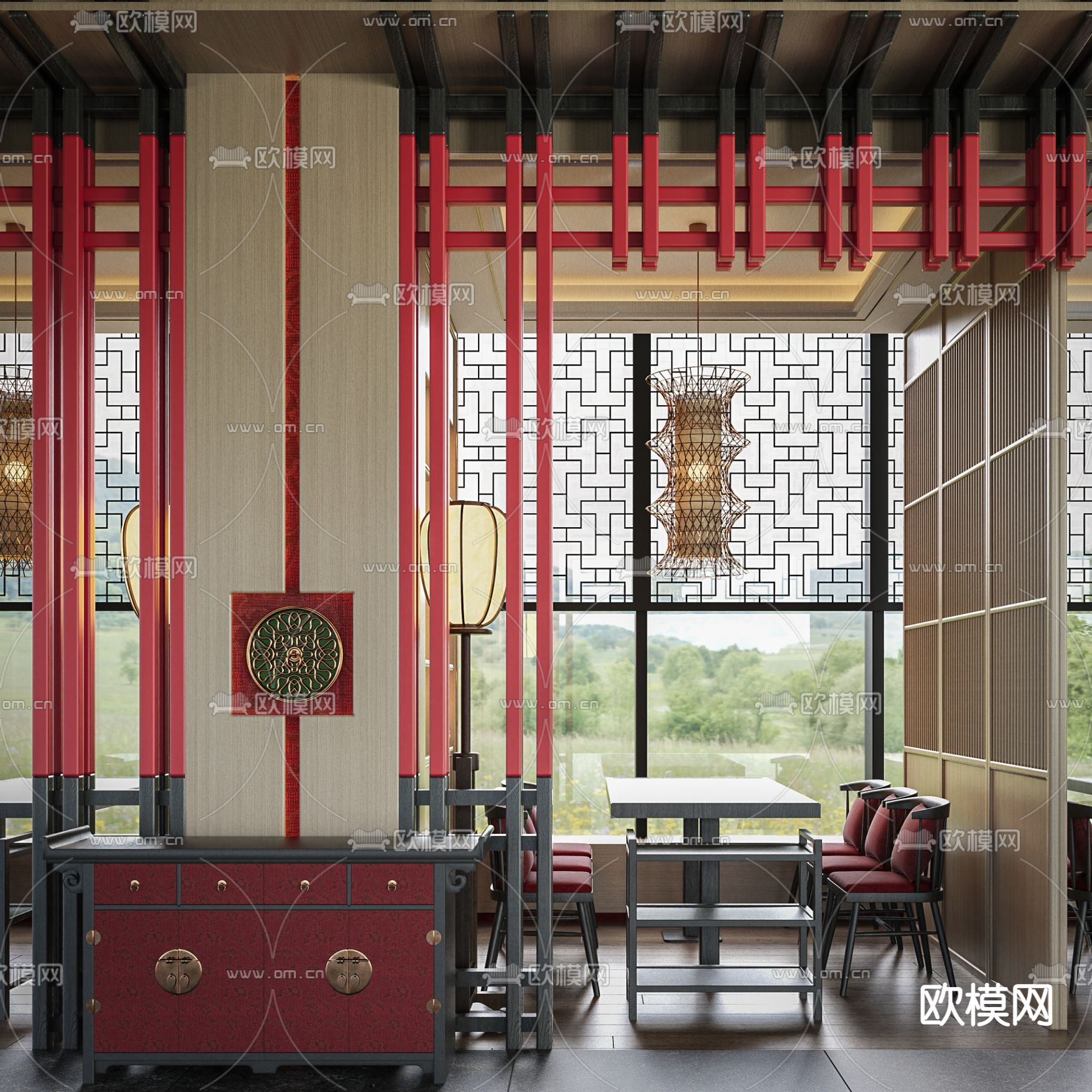 新中式餐饮卡座包间su模型下载（渲染图3）