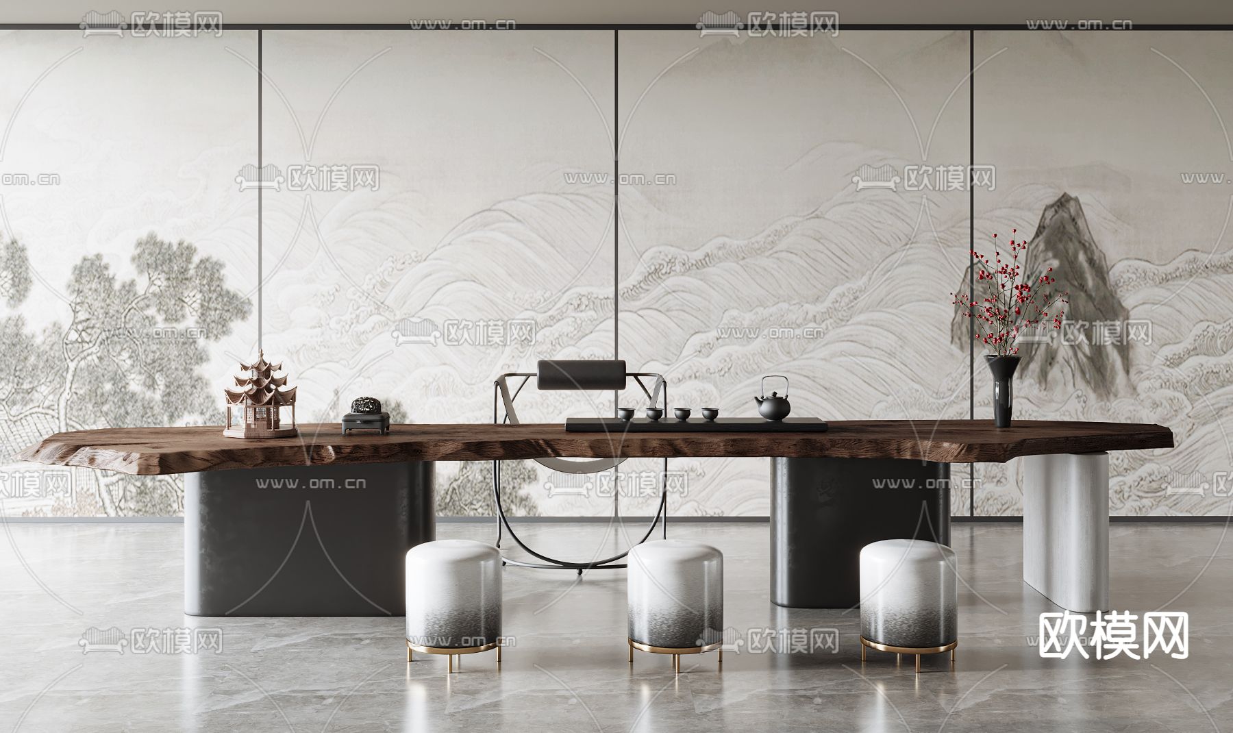 新中式茶桌椅su模型下载（渲染图1）