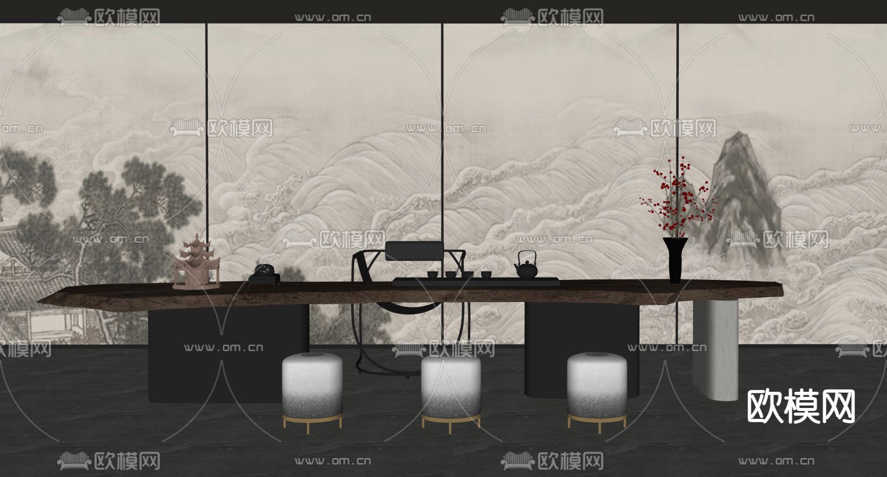 新中式茶桌椅su模型下载（渲染图2）