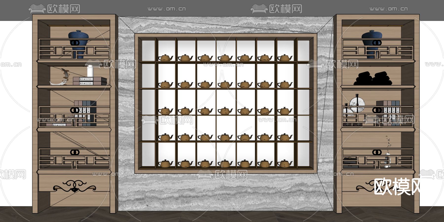 新中式实木博古架su模型下载（渲染图2）