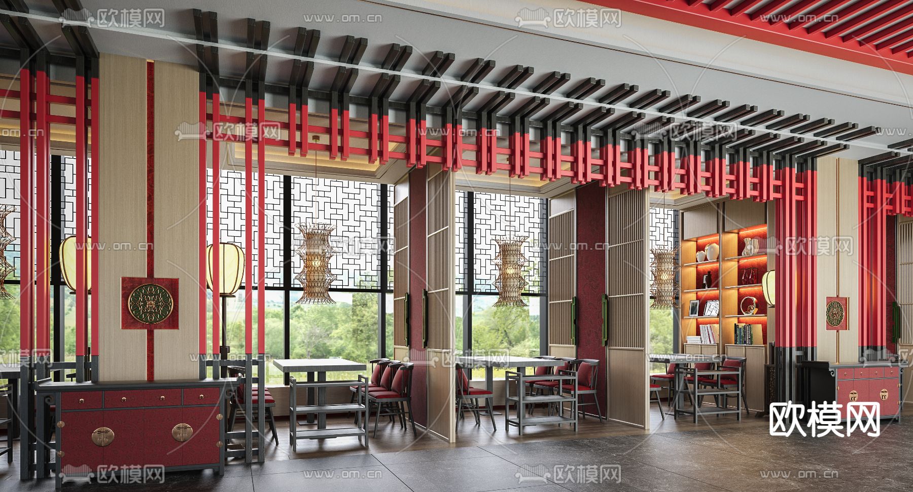 新中式餐饮卡座包间su模型下载（渲染图1）