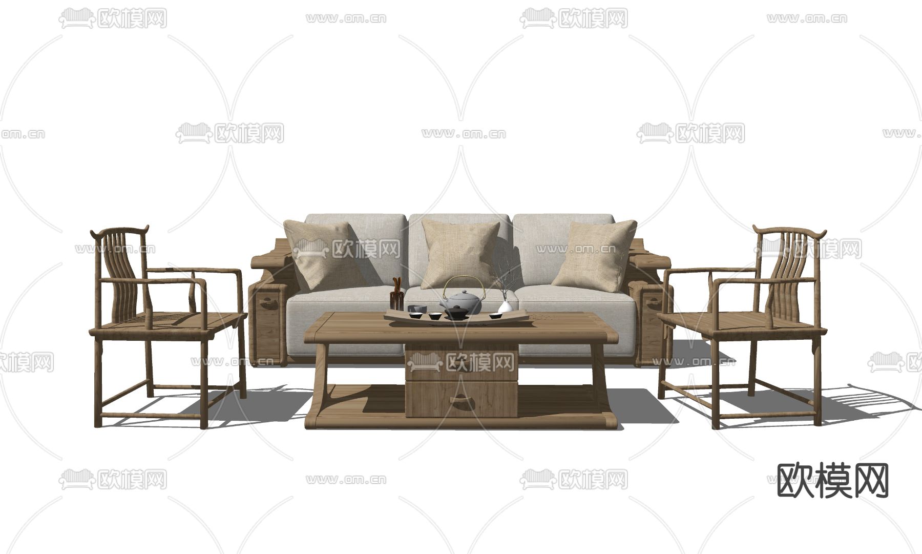 中式布艺沙发组合su模型下载（渲染图2）