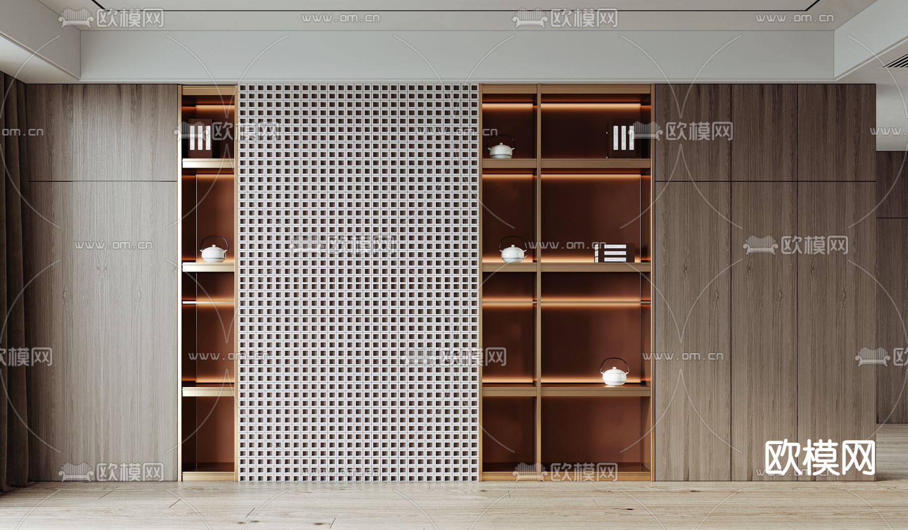 新中式实木背景墙 储物柜3d模型