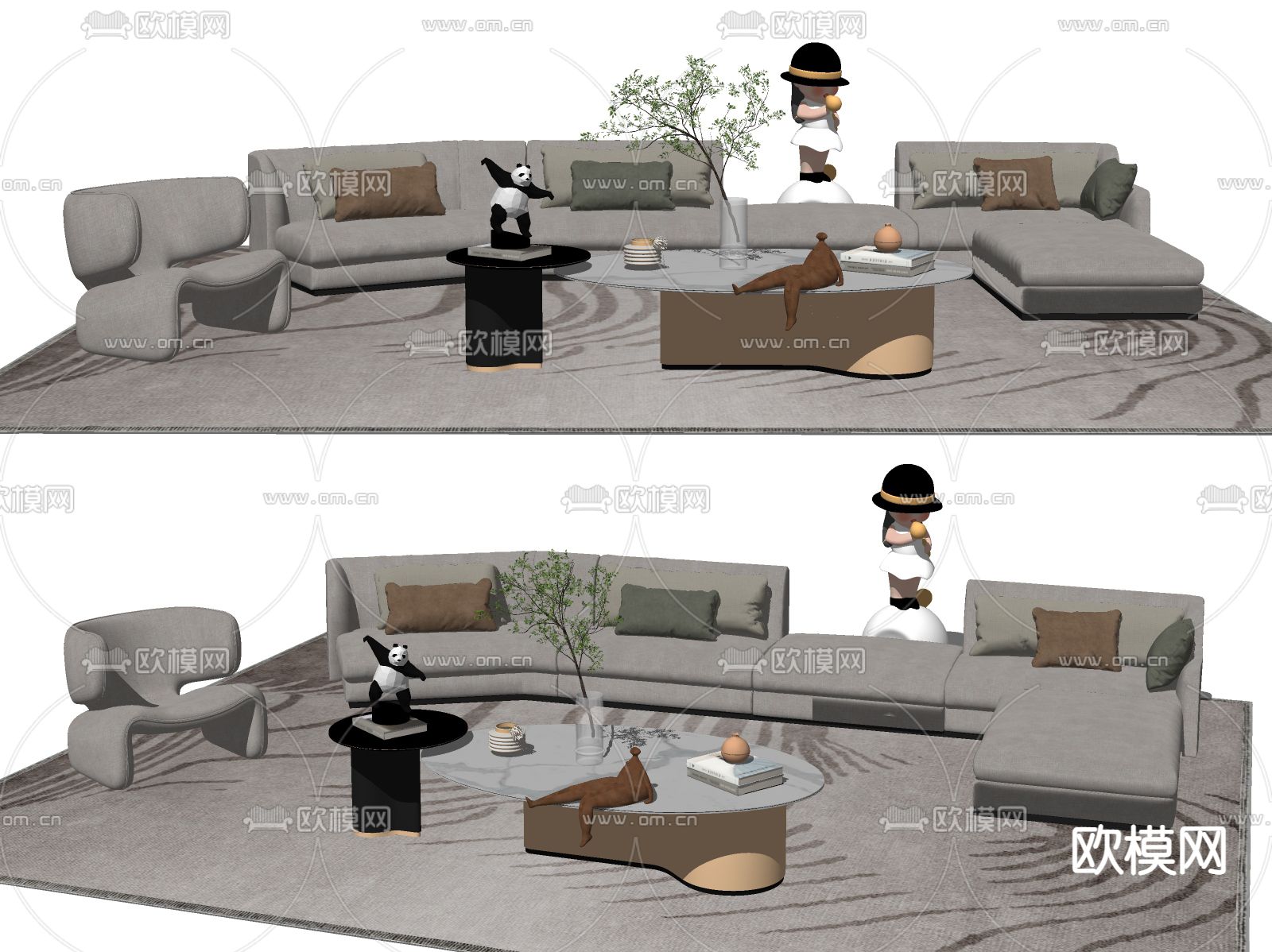侘寂布艺转角沙发su模型下载（渲染图2）