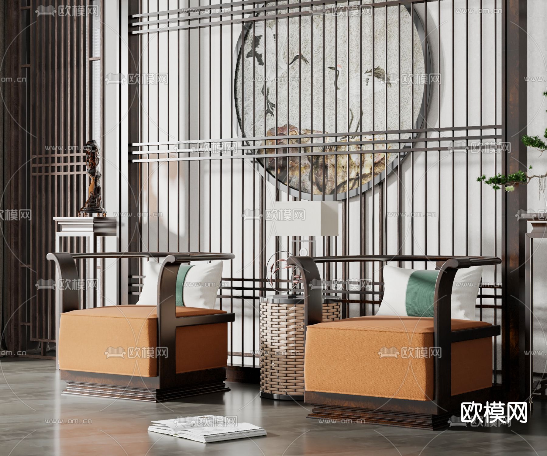 新中式布艺单人沙发3d模型下载