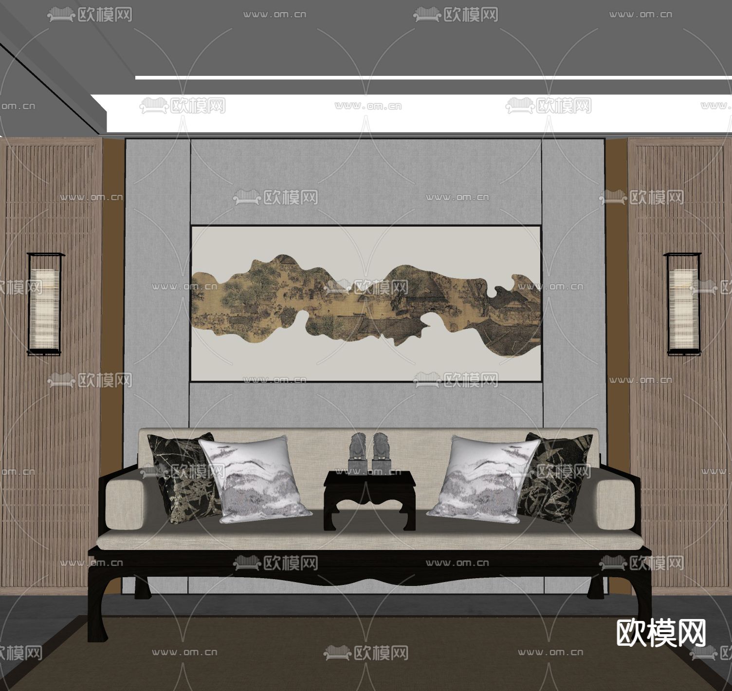 新中式罗汉床su模型下载（渲染图2）