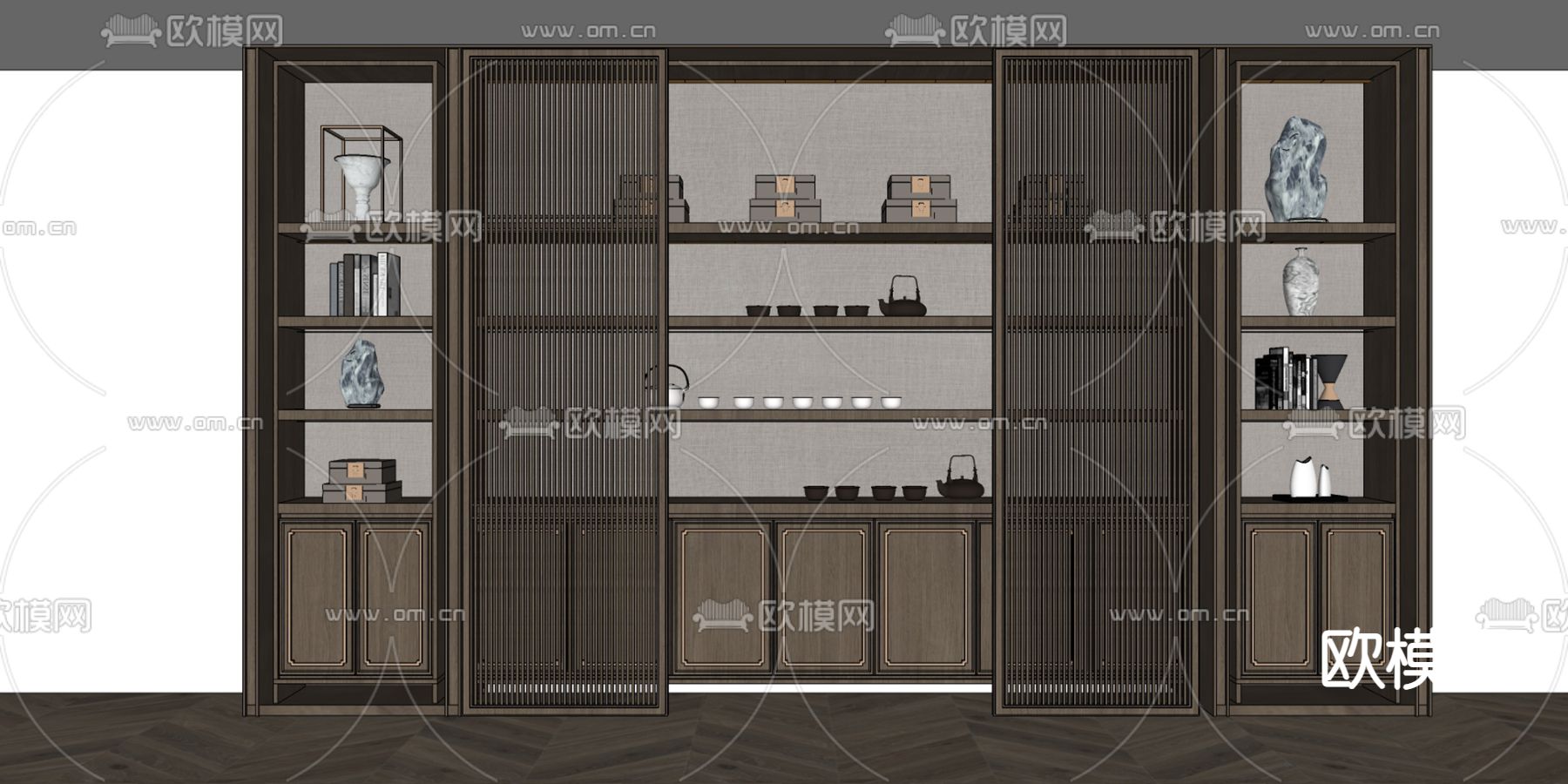新中式装饰柜su模型下载（渲染图2）