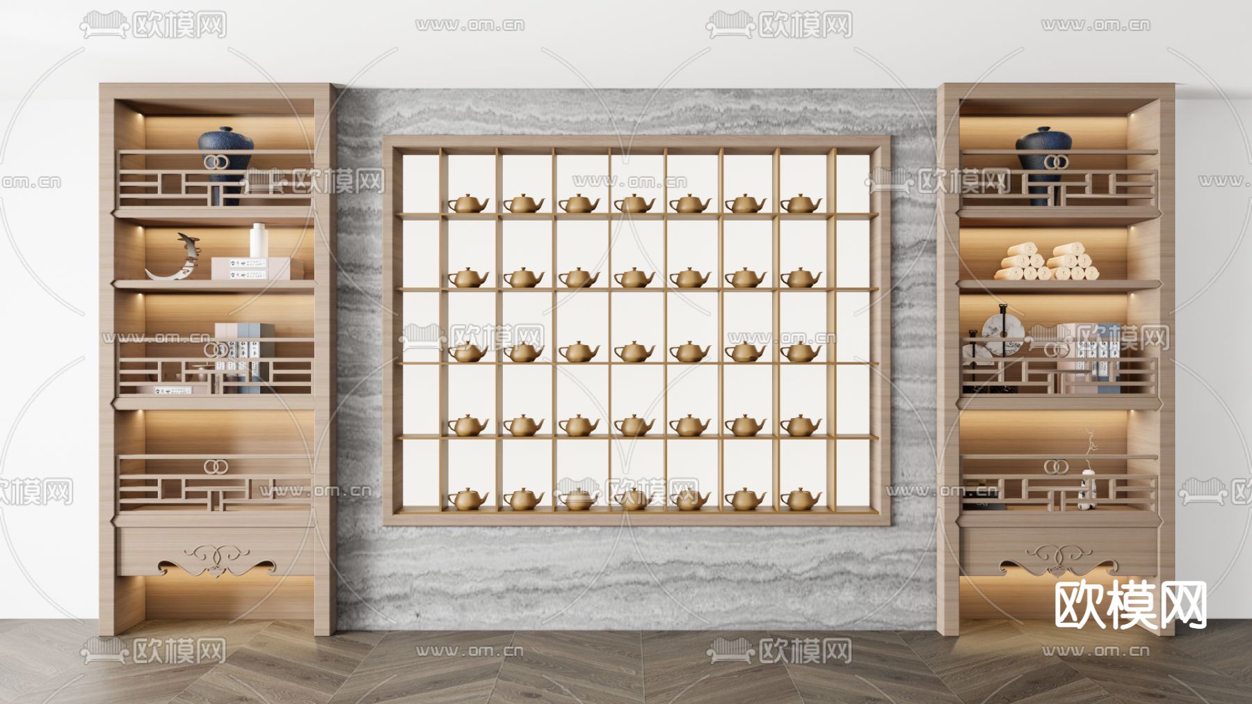 新中式实木博古架su模型下载（渲染图1）