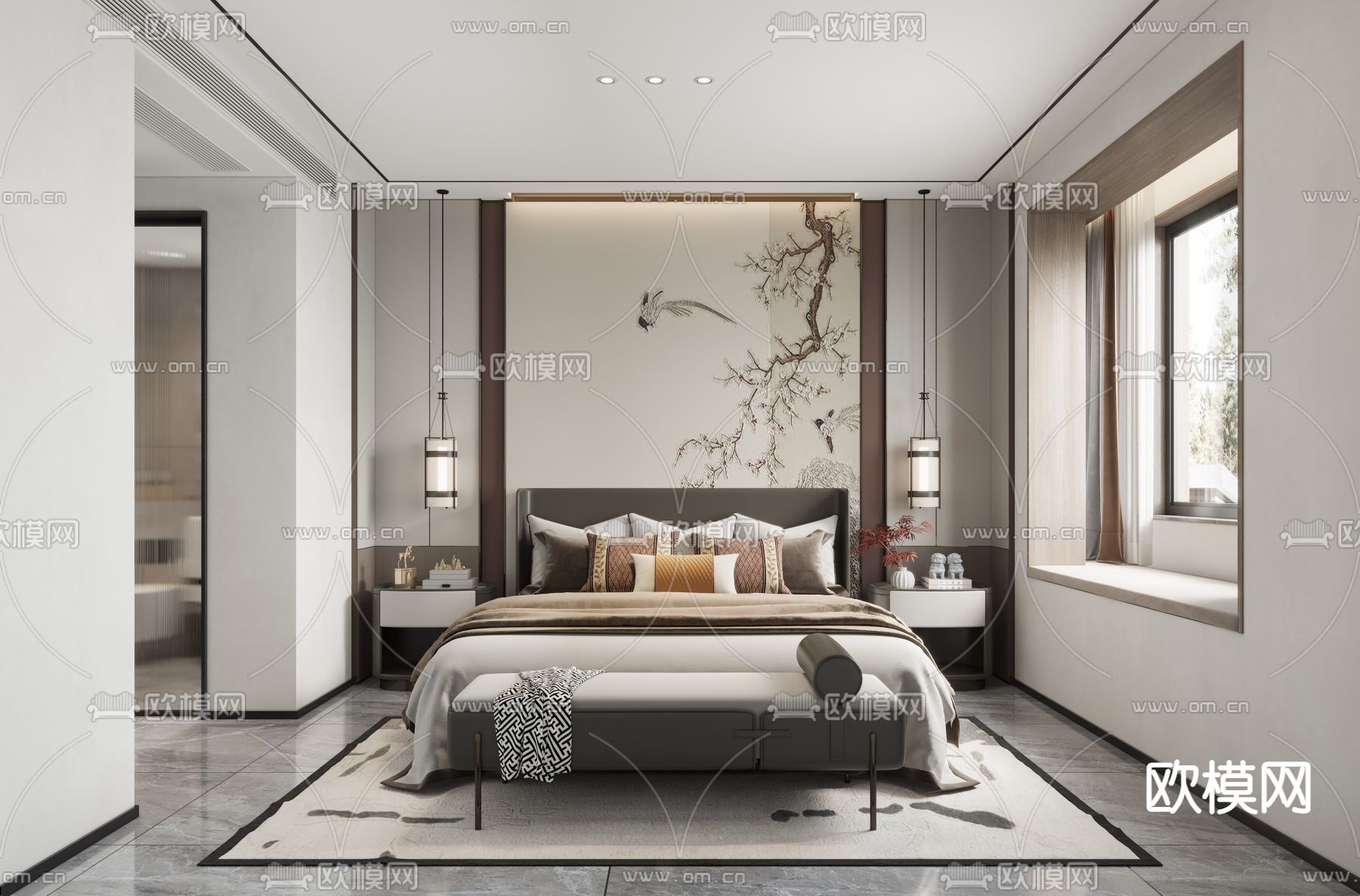 新中式卧室主人房3d模型下载（渲染图1）