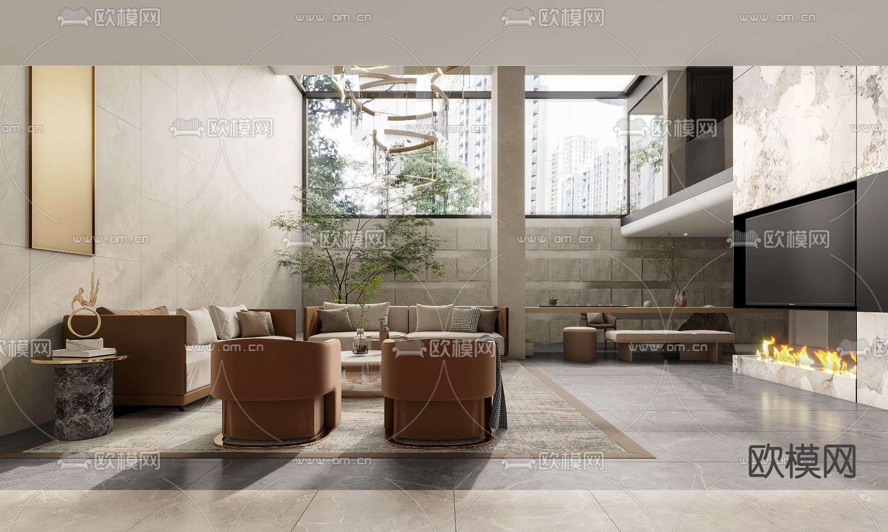 现代别墅客厅3d模型下载（渲染图2）