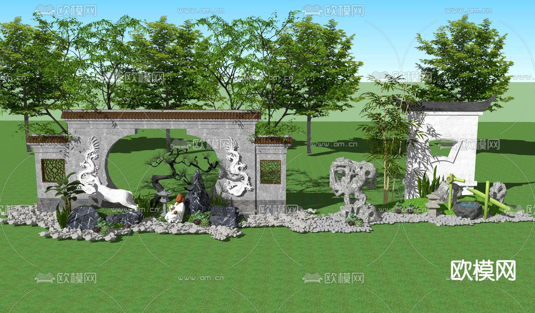 新中式庭院禅意景观雕塑小品su模型下载_ID11812001_sketchup模型下载-欧模网