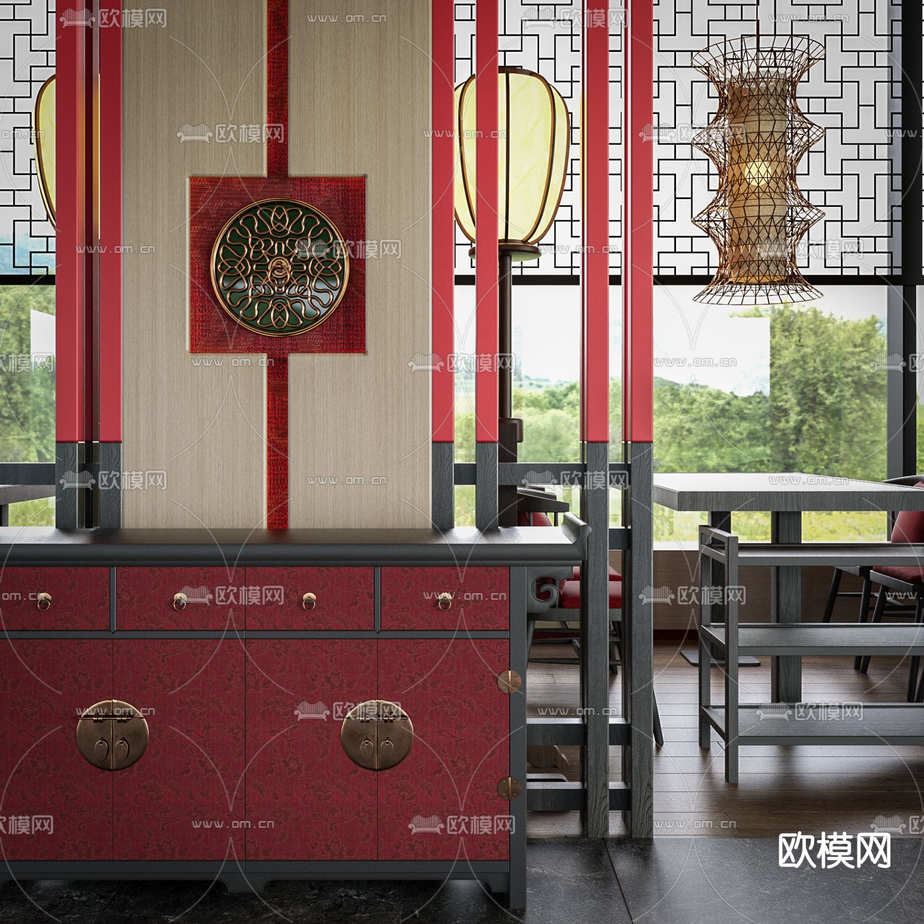 新中式餐饮卡座包间su模型下载（渲染图4）