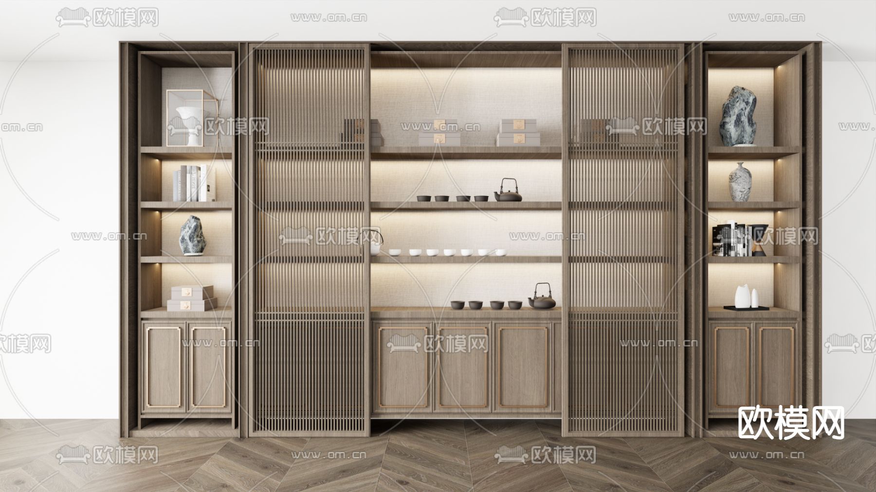 新中式装饰柜su模型下载（渲染图1）