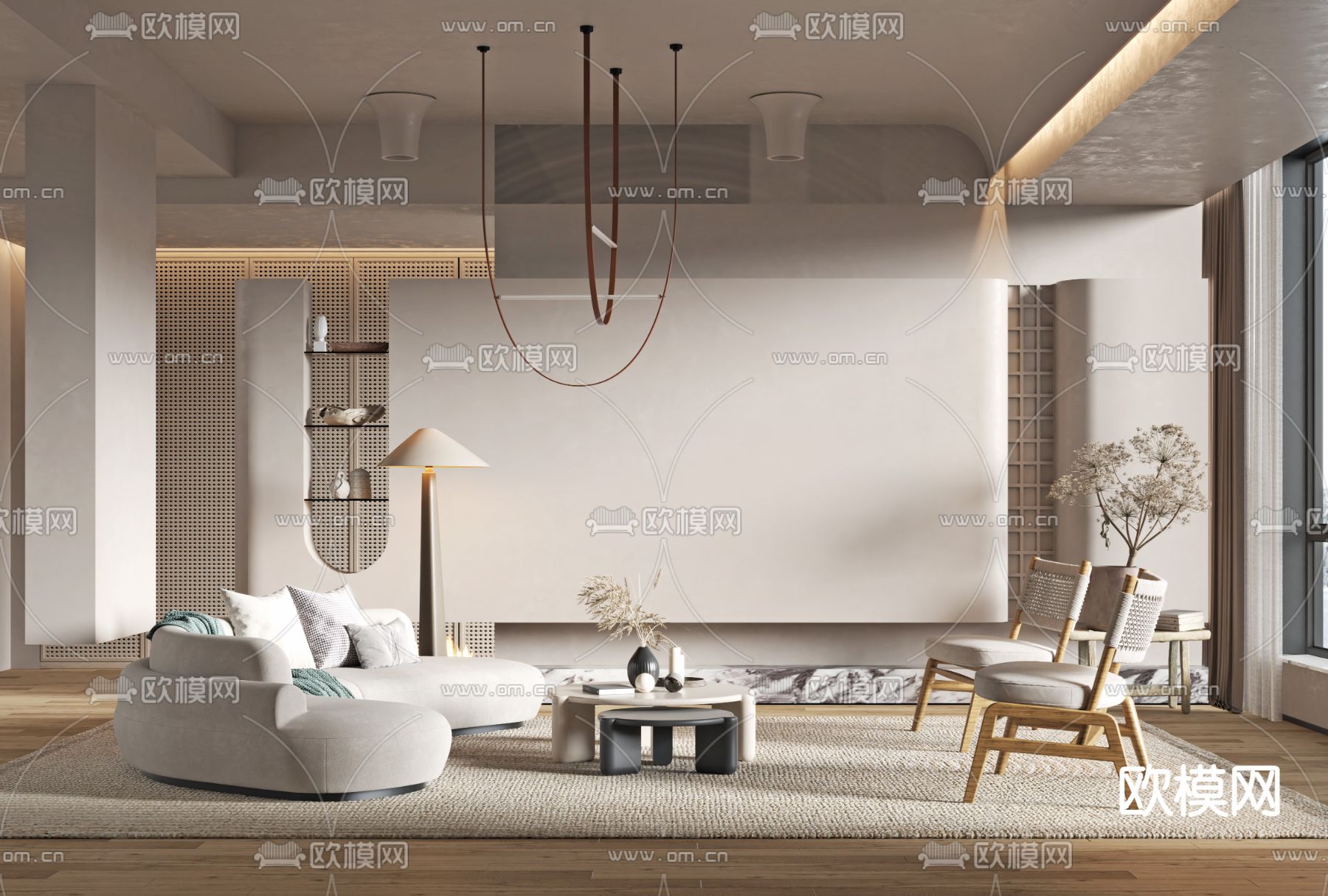 侘寂风布艺弧形沙发组合3d模型下载