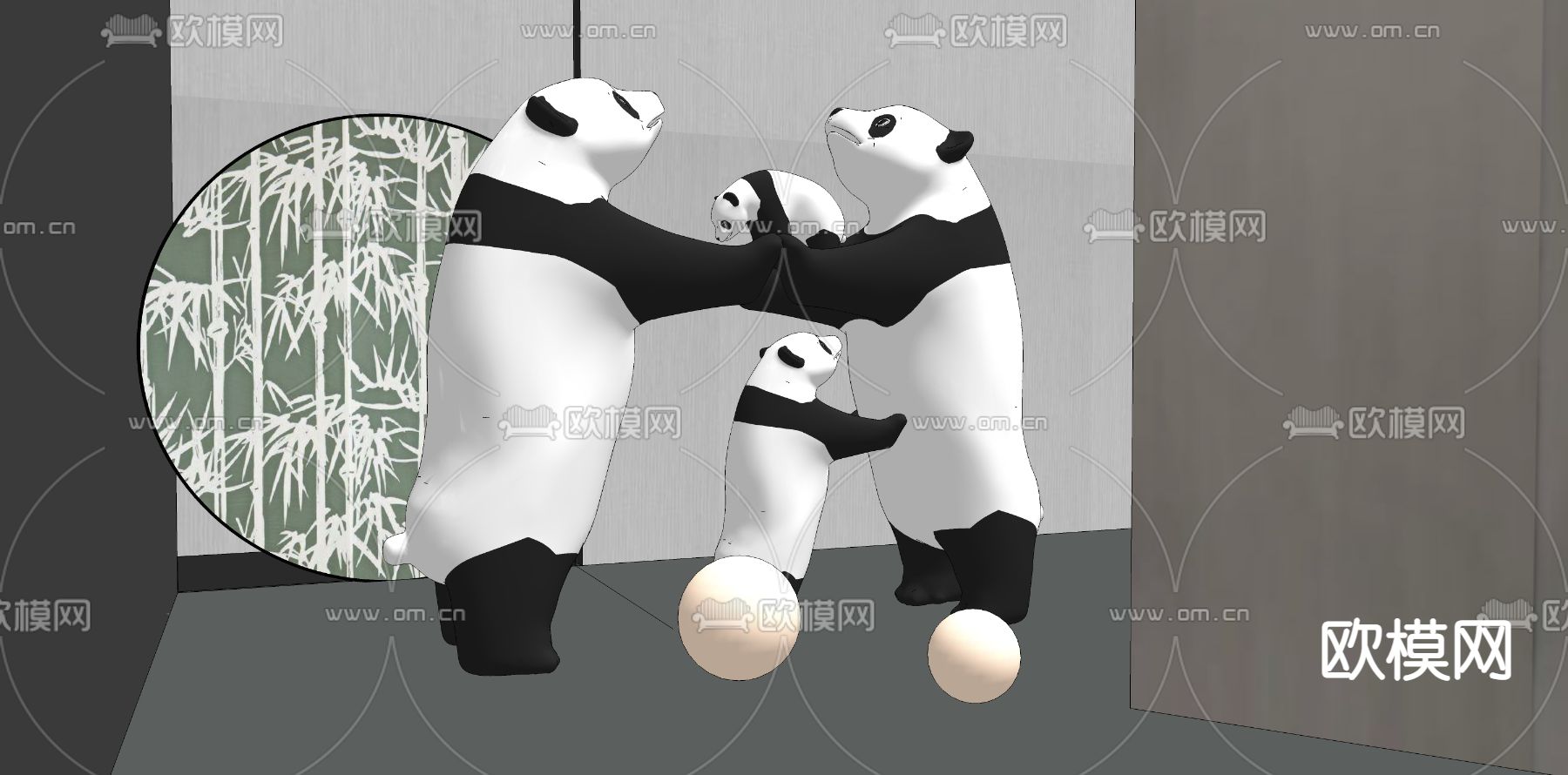 新中式熊猫雕塑su模型下载（渲染图2）