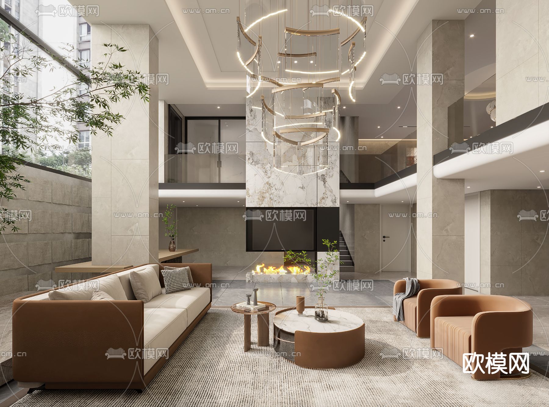 现代别墅客厅3d模型下载（渲染图1）
