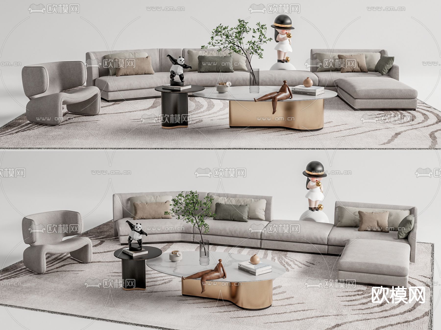 侘寂布艺转角沙发su模型下载（渲染图1）